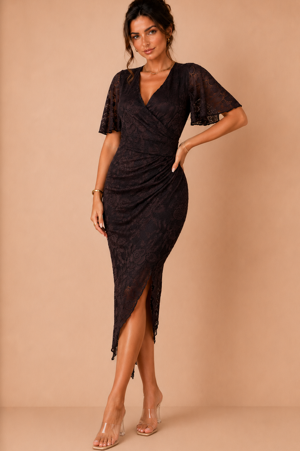 Natasha Chocolate Lace Wrap Midi Dress