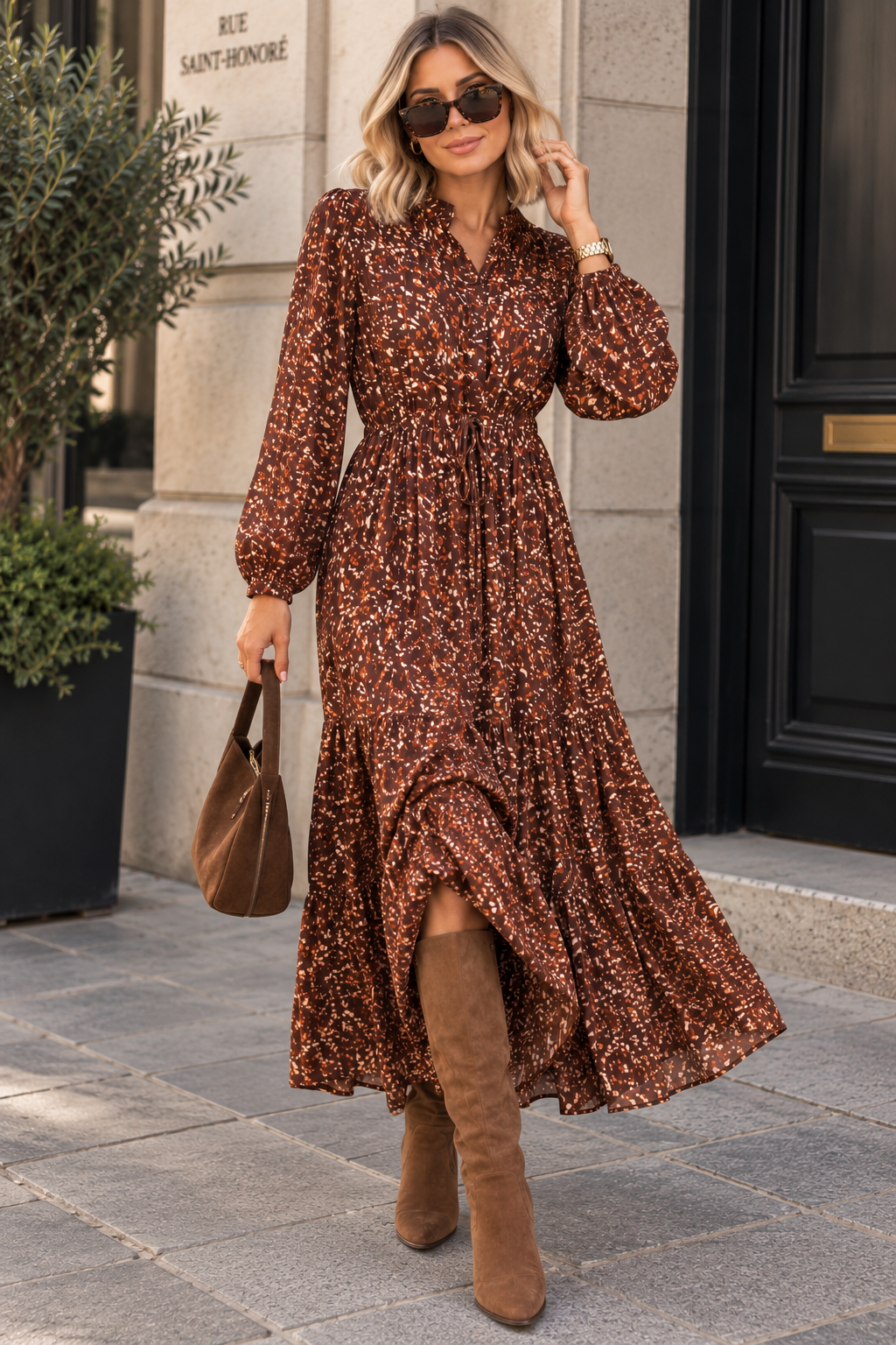 Naveen Chocolate Print Tiered Maxi Dress
