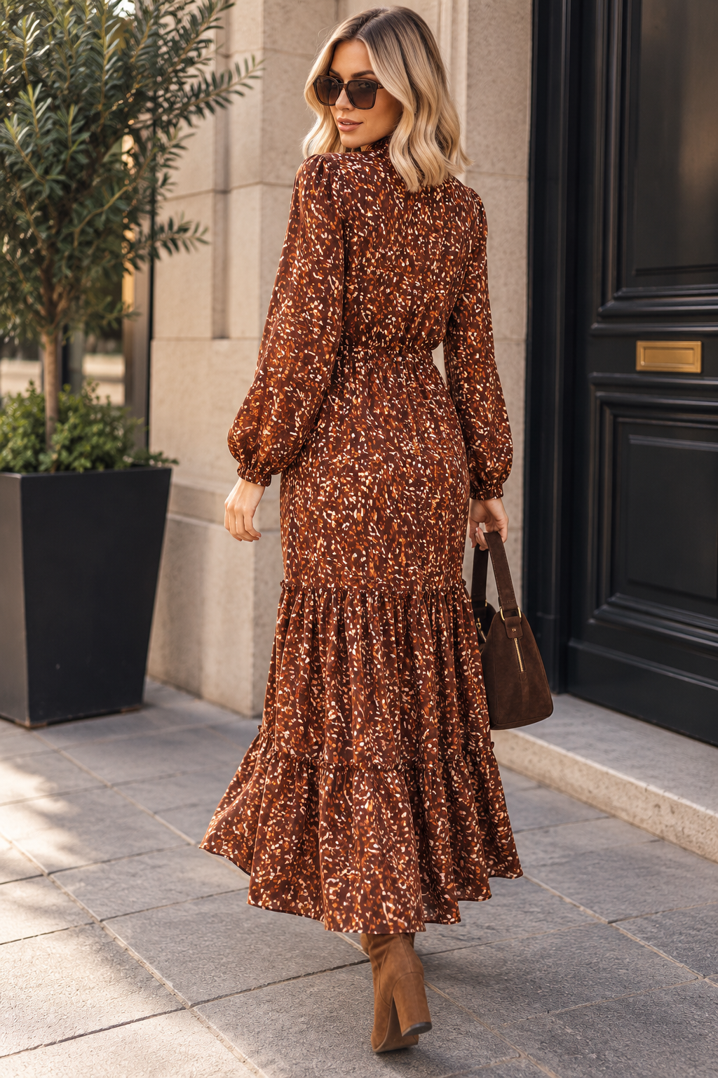 Naveen Chocolate Print Tiered Maxi Dress