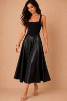 Neasa Black Faux Leather 2 in 1 A-line Midi Dress