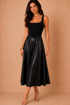 Neasa Black Faux Leather 2 in 1 A-line Midi Dress