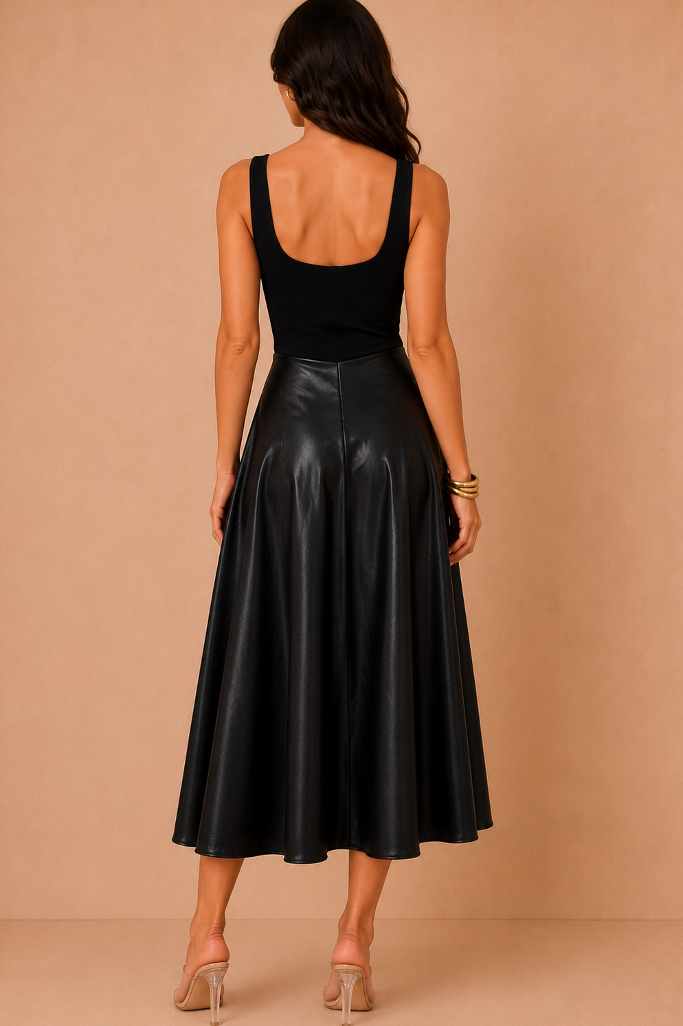 Neasa Black Faux Leather 2 in 1 A-line Midi Dress
