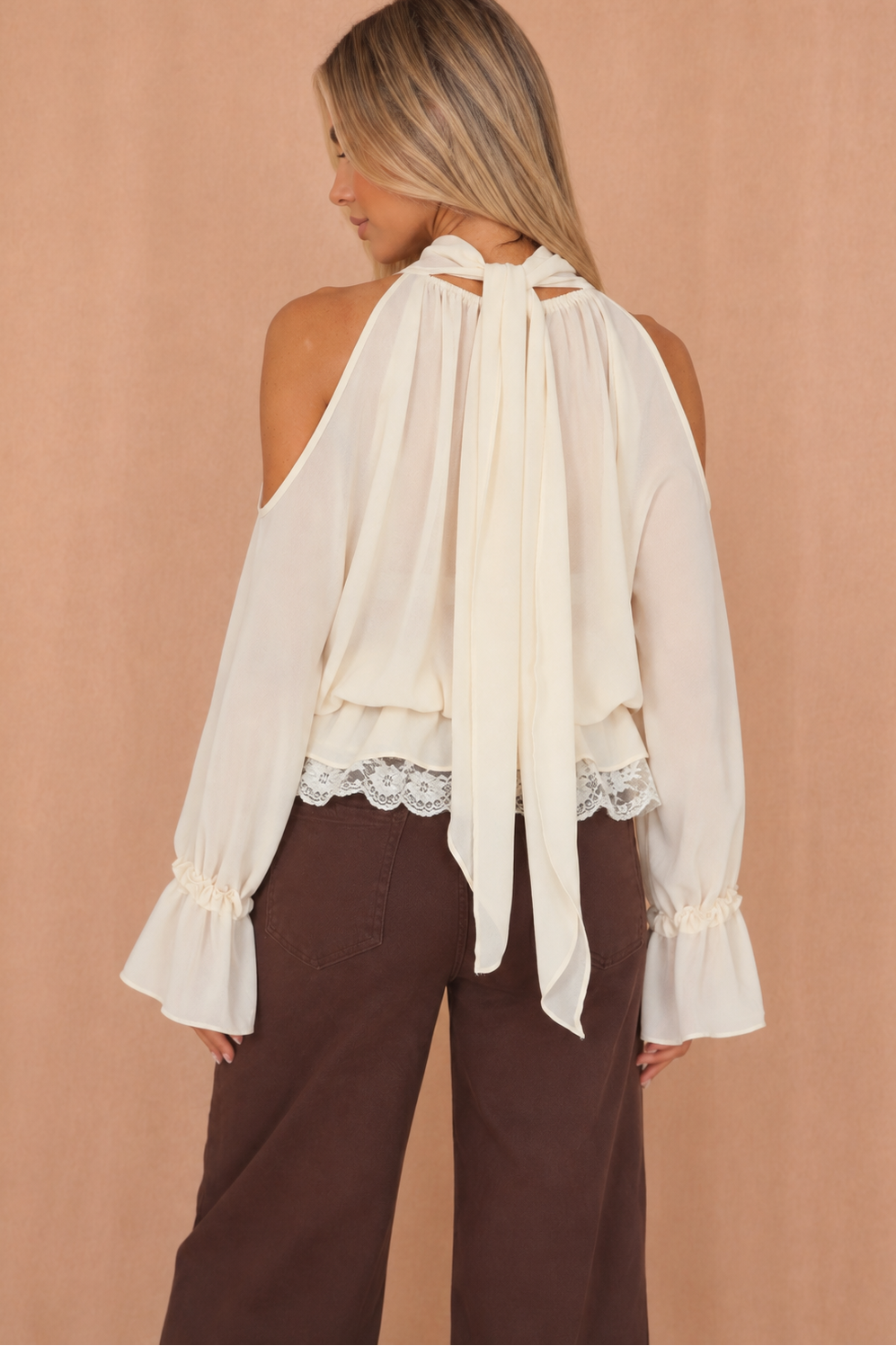 Neela Cream Chiffon Cold Shoulder Top
