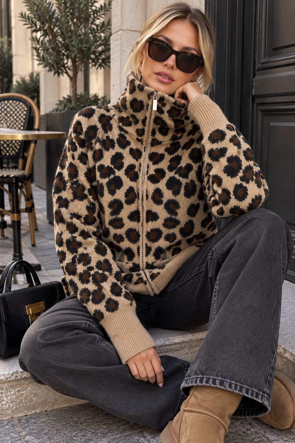 Nickie Leopard Print Knit Zip Up Cardigan