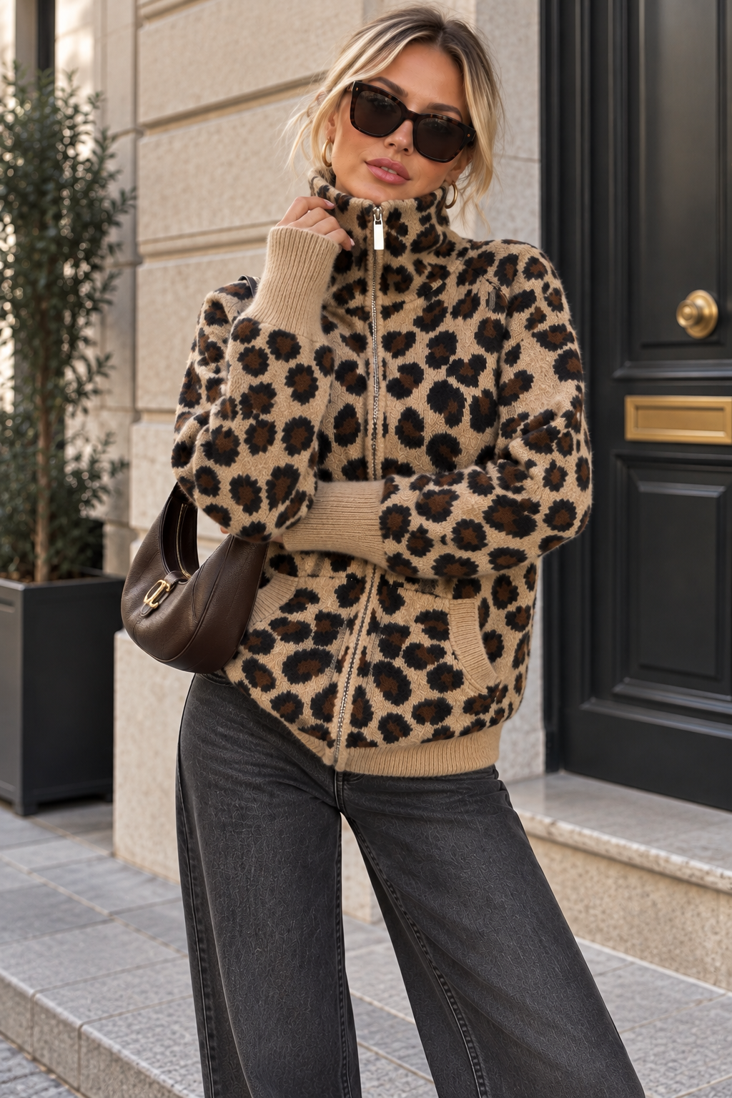Nickie Leopard Print Knit Zip Up Cardigan