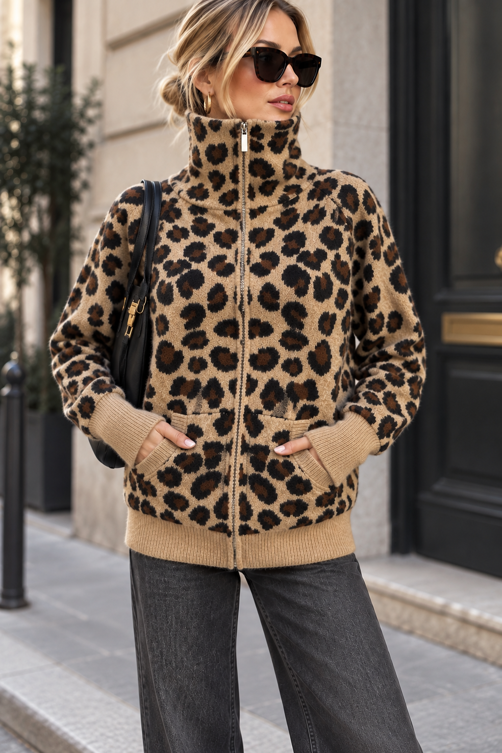 Nickie Leopard Print Knit Zip Up Cardigan