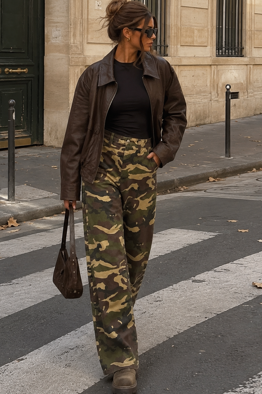 Nico Khaki Camouflage Wide Leg Jeans