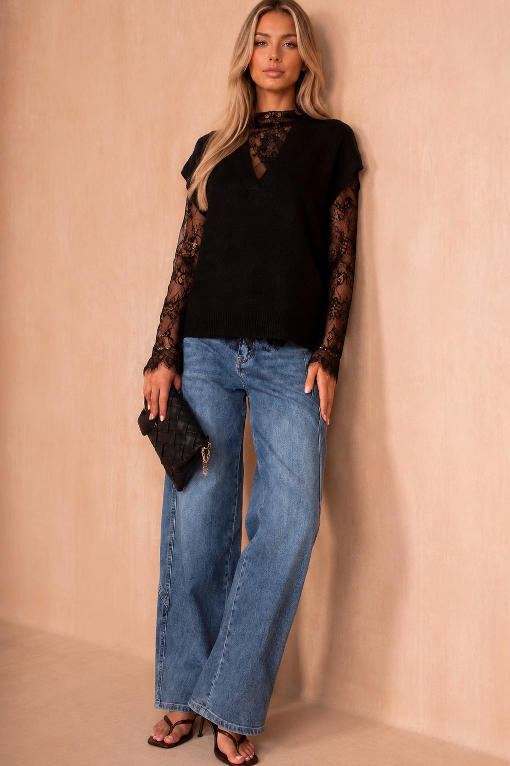 Nika Black Knit Lace Sleeve Jumper