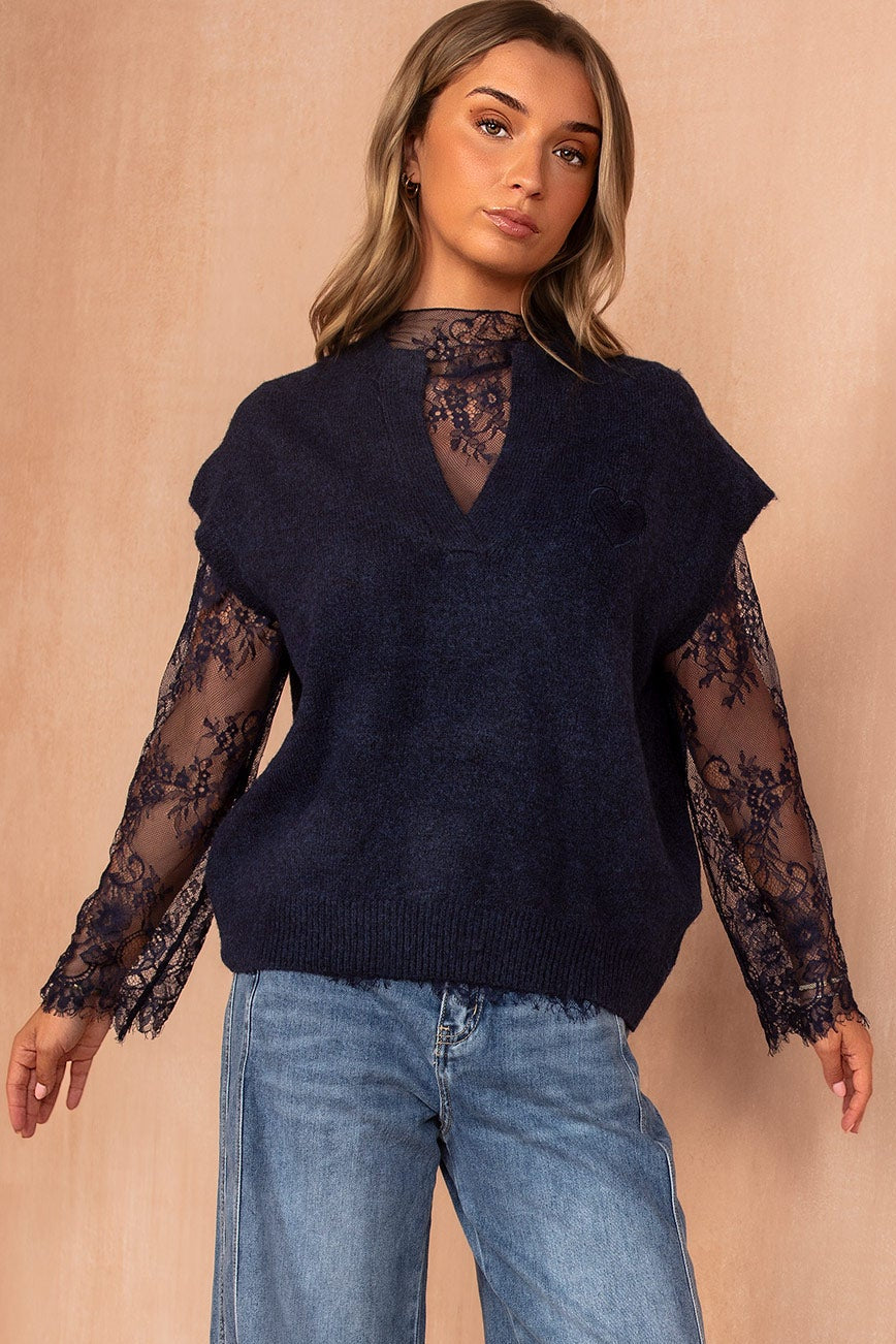 Nika Navy Knit Lace Sleeve Jumper