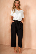 Nina Black Cotton Belted Barrell Trousers