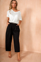 Nina Black Cotton Belted Barrell Trousers