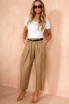Nina Camel Cotton Belted Barrell Trousers