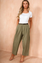 Nina Khaki Cotton Belted Barrell Trousers