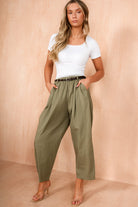 Nina Khaki Cotton Belted Barrell Trousers