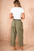 Nina Khaki Cotton Belted Barrell Trousers