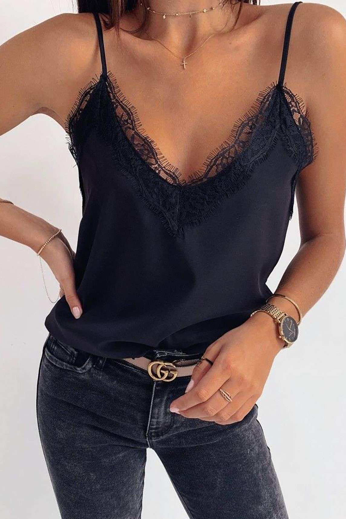Niya Black Satin Lace Detail Cami Top