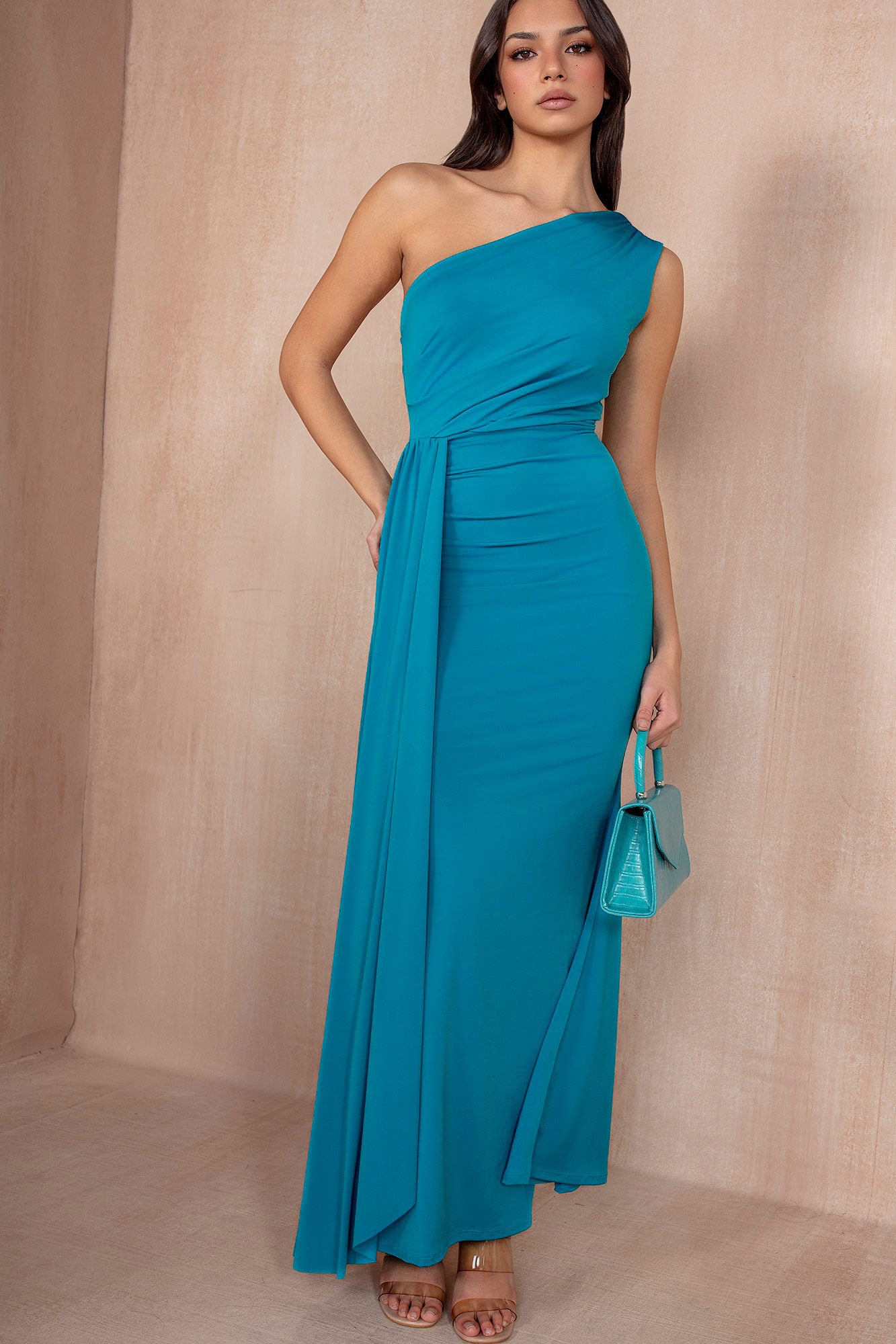 Norma Turquoise One Shoulder Midi Dress