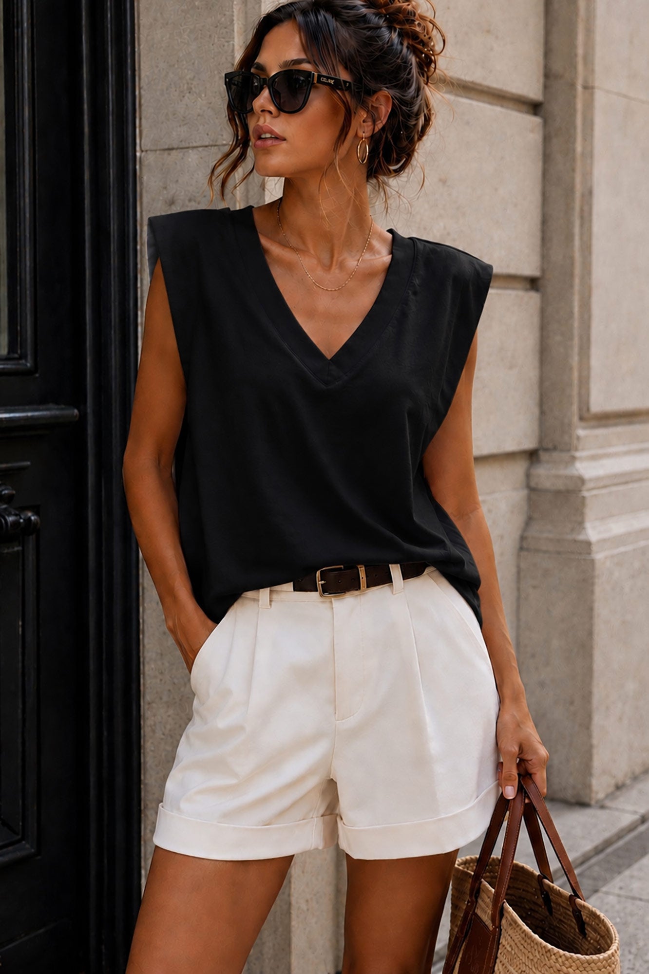 Oakleigh Black Cotton Shoulder Padded Top