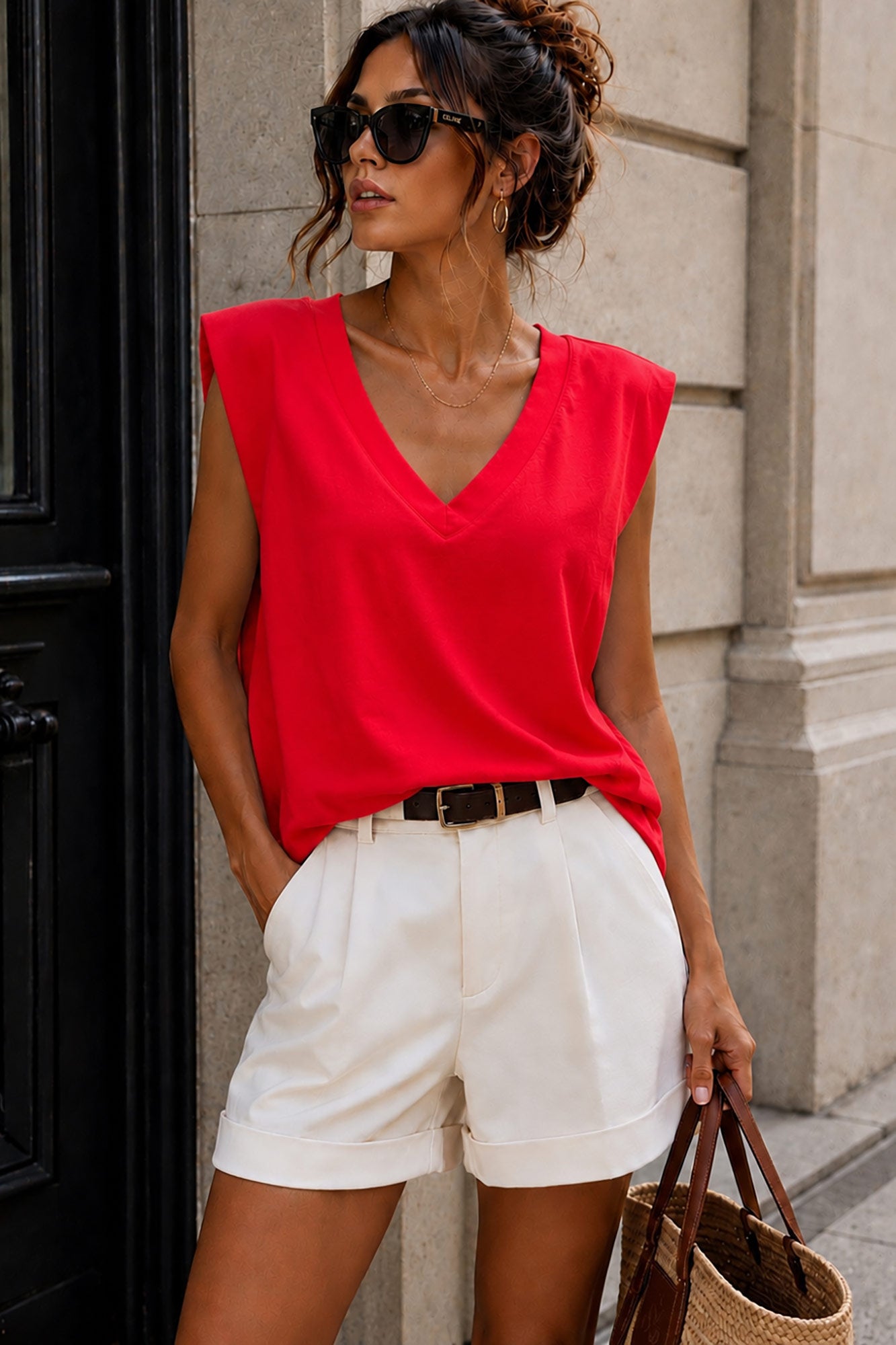 Oakleigh Red Cotton Shoulder Padded Top