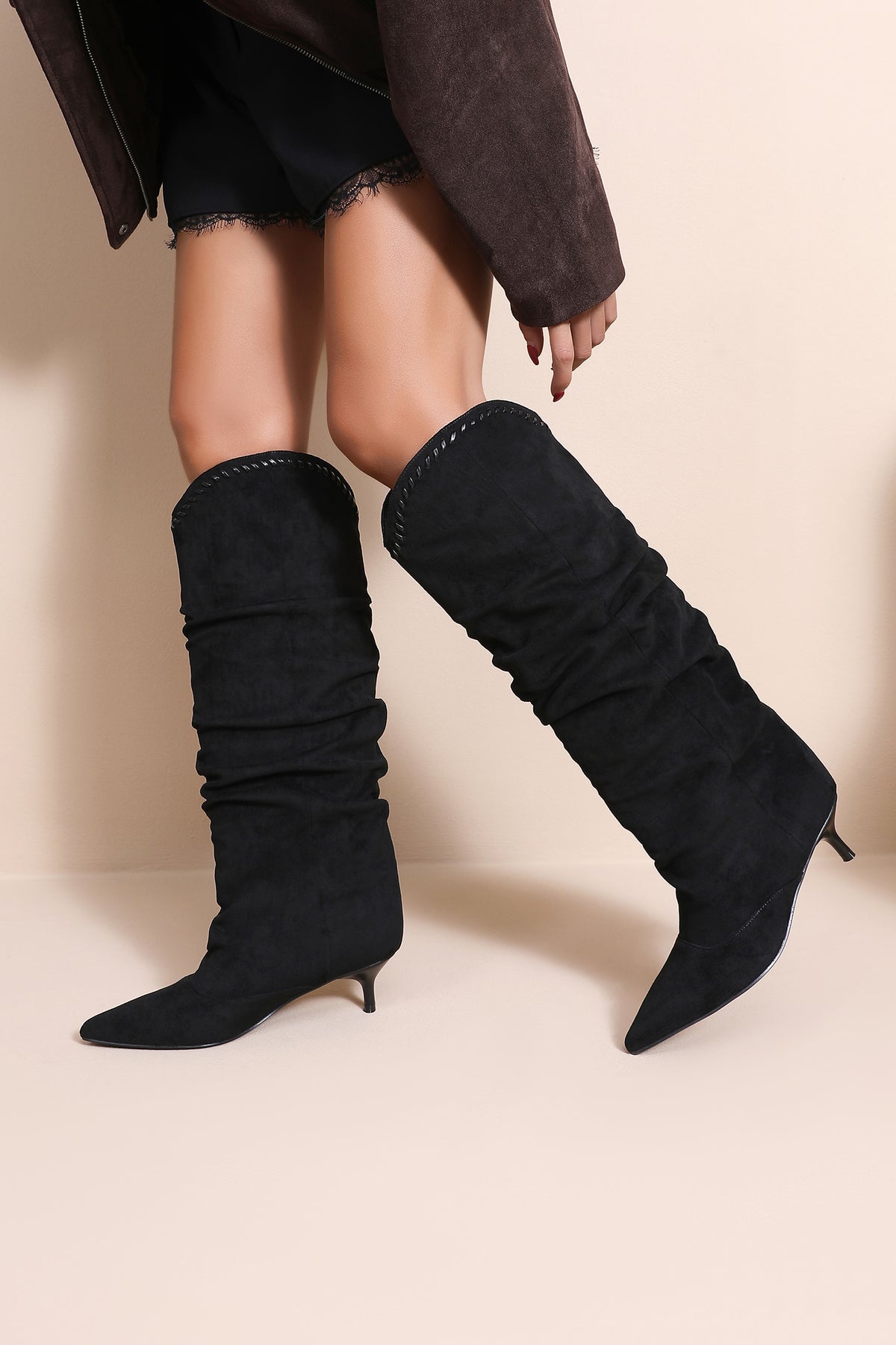 Oaklen Black Suedette Slouch Knee High Boots