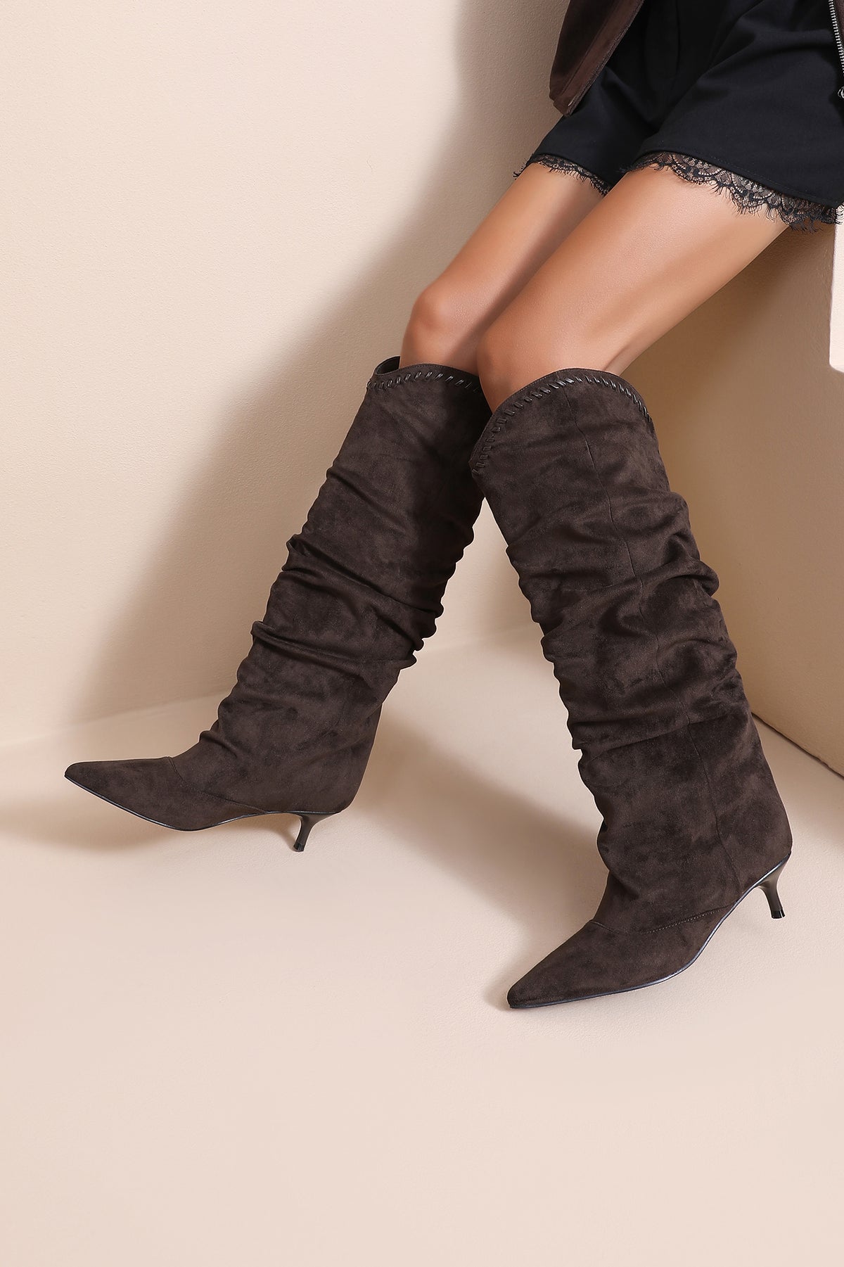 Oaklen Chocolate Suedette Slouch Knee High Boots