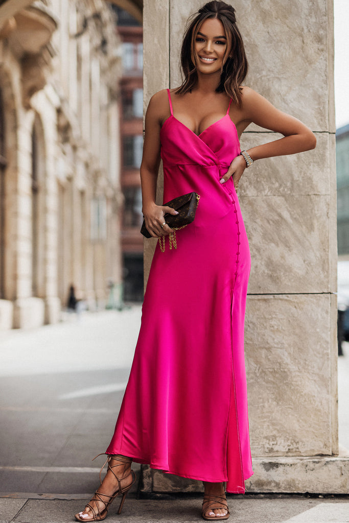 Pink Midi Dress - Cowl Neck Open Back Dress - Cami Strap Satin Dress