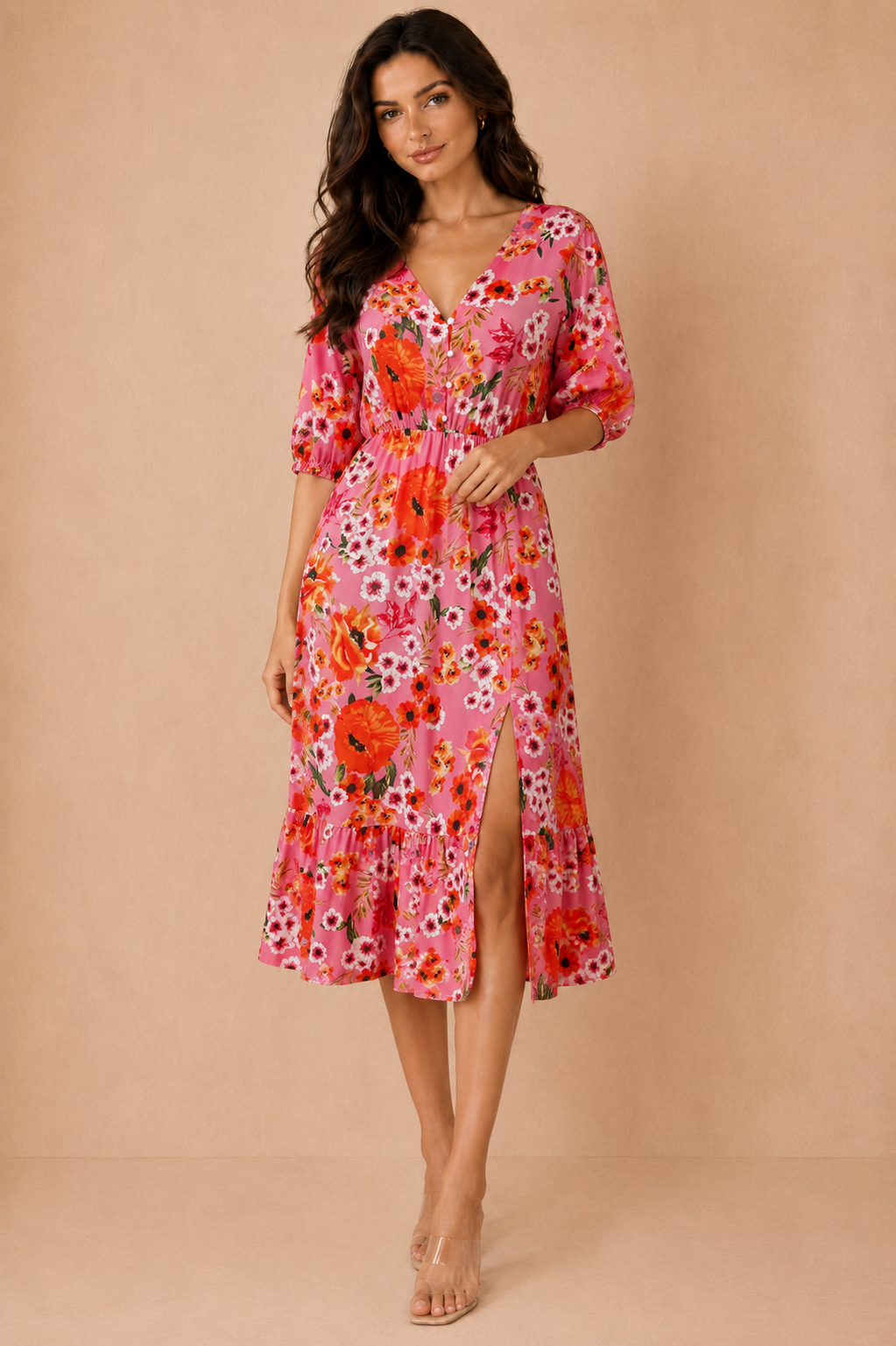 Odetta Pink and Orange Floral Midi Dress