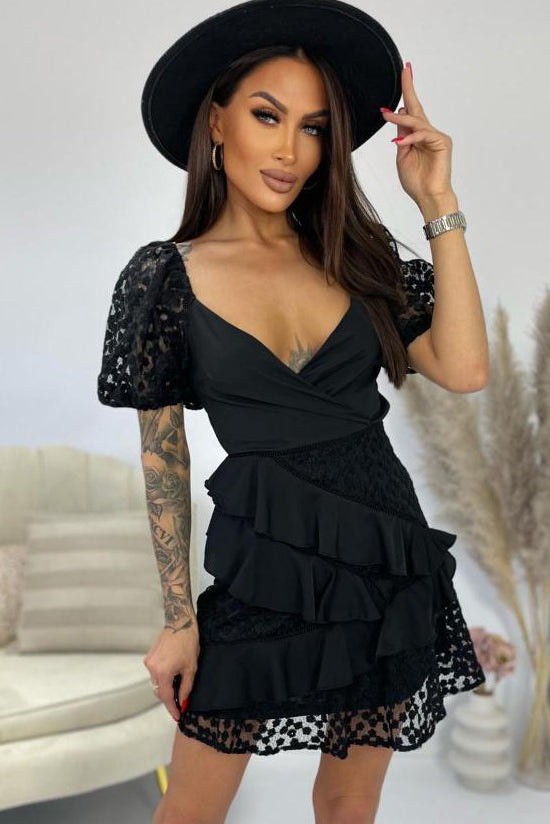 Ohana Black Floral Frill Dress