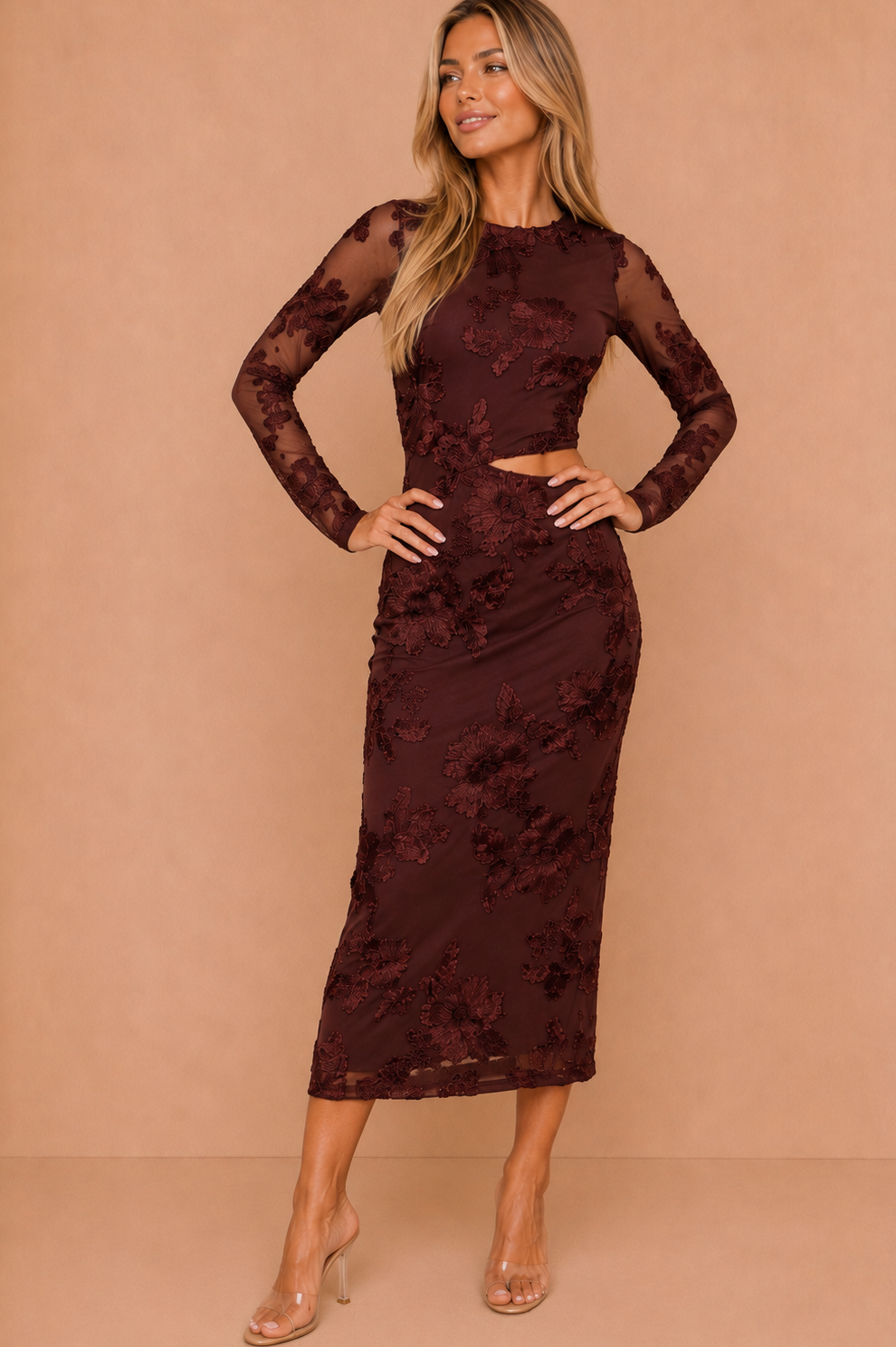 Olga Chocolate Floral Embroidered Cut Out Midi Dress