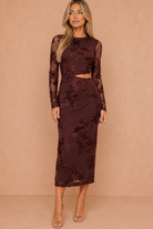 Olga Chocolate Floral Embroidered Cut Out Midi Dress