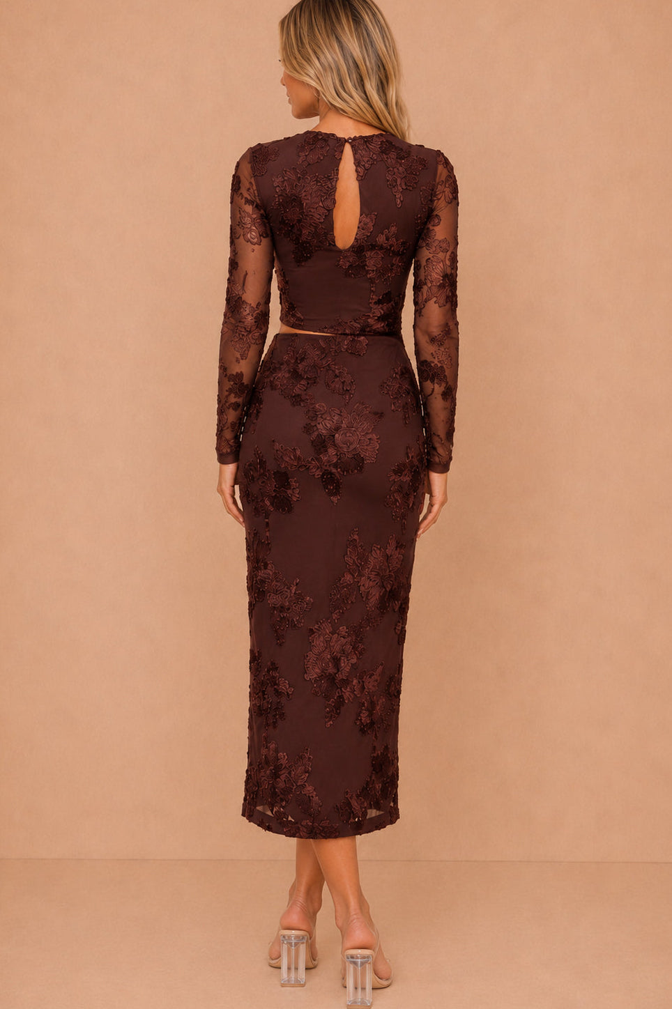 Olga Chocolate Floral Embroidered Cut Out Midi Dress