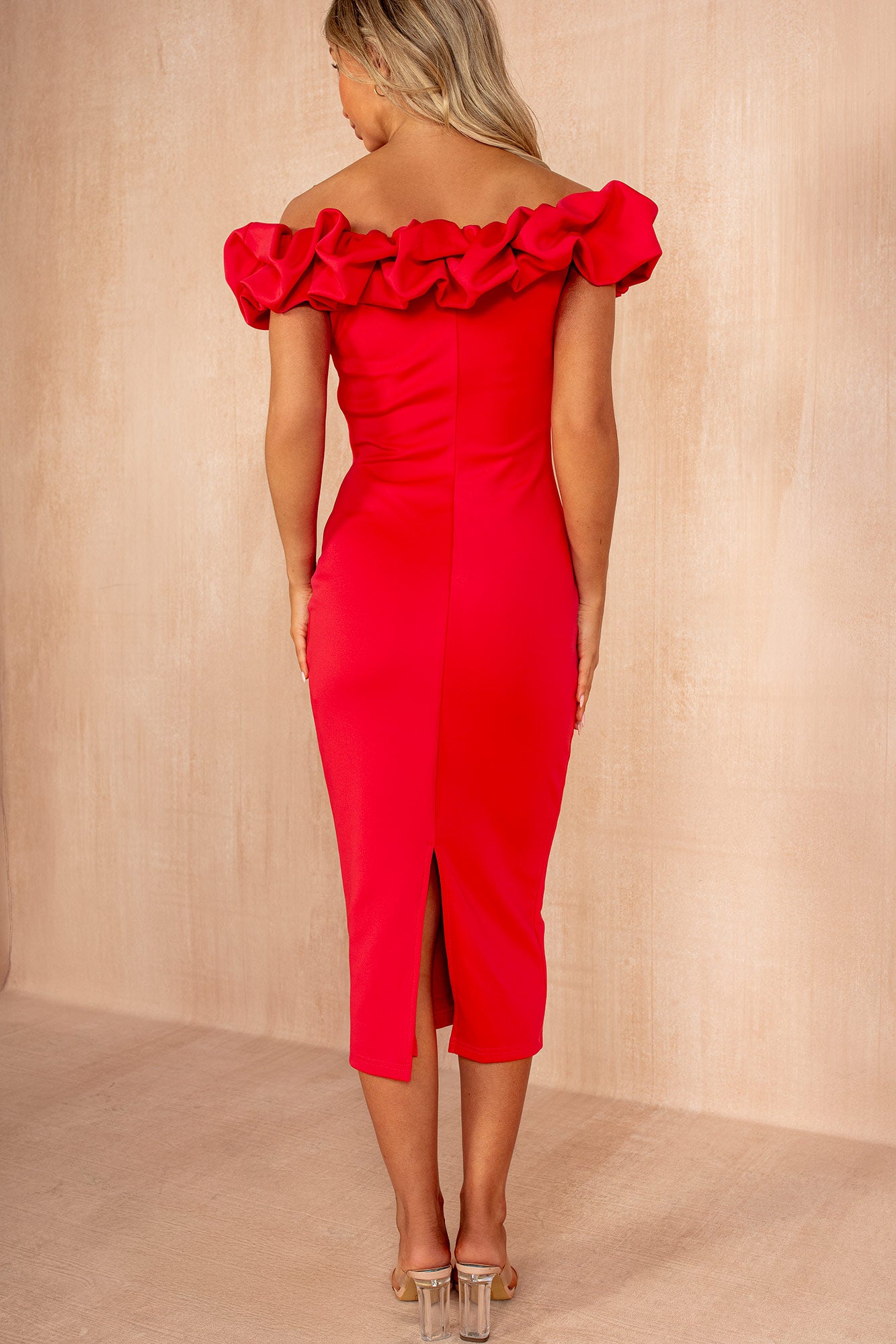 Ophelia Magenta Ruffle Bardot Midi Dress