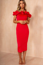 Ophelia Magenta Ruffle Bardot Midi Dress