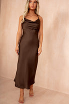 Orla Chocolate Satin Cowl Neck Maxi Dress