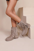Ottilie Stone Fringed Suedette Ankle Boots