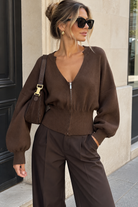 Ozara Chocolate Fine Knit Zip Up Cardigan