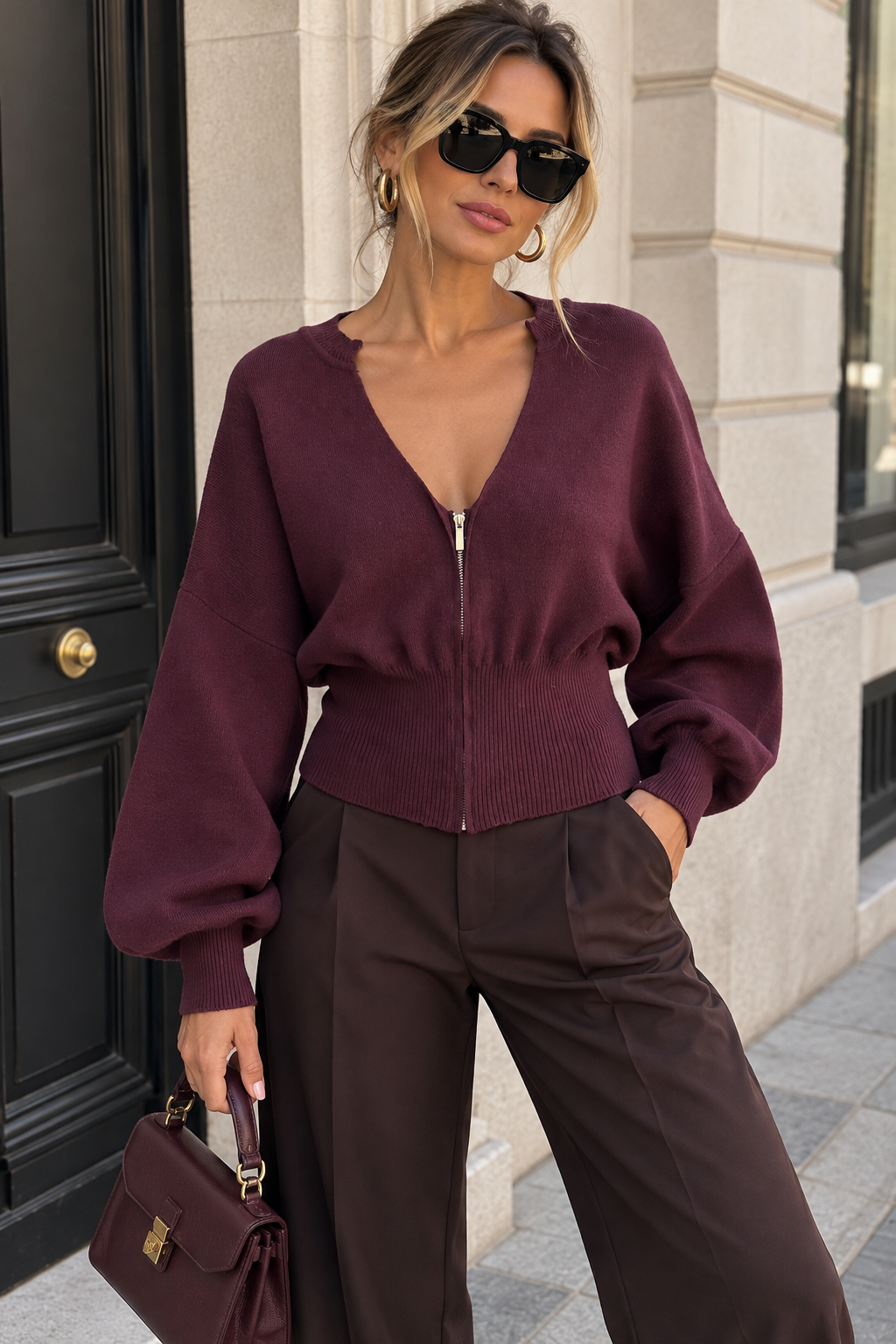 Ozara Plum Fine Knit Zip Up Cardigan