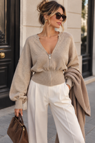 Ozara Stone Fine Knit Zip Up Cardigan