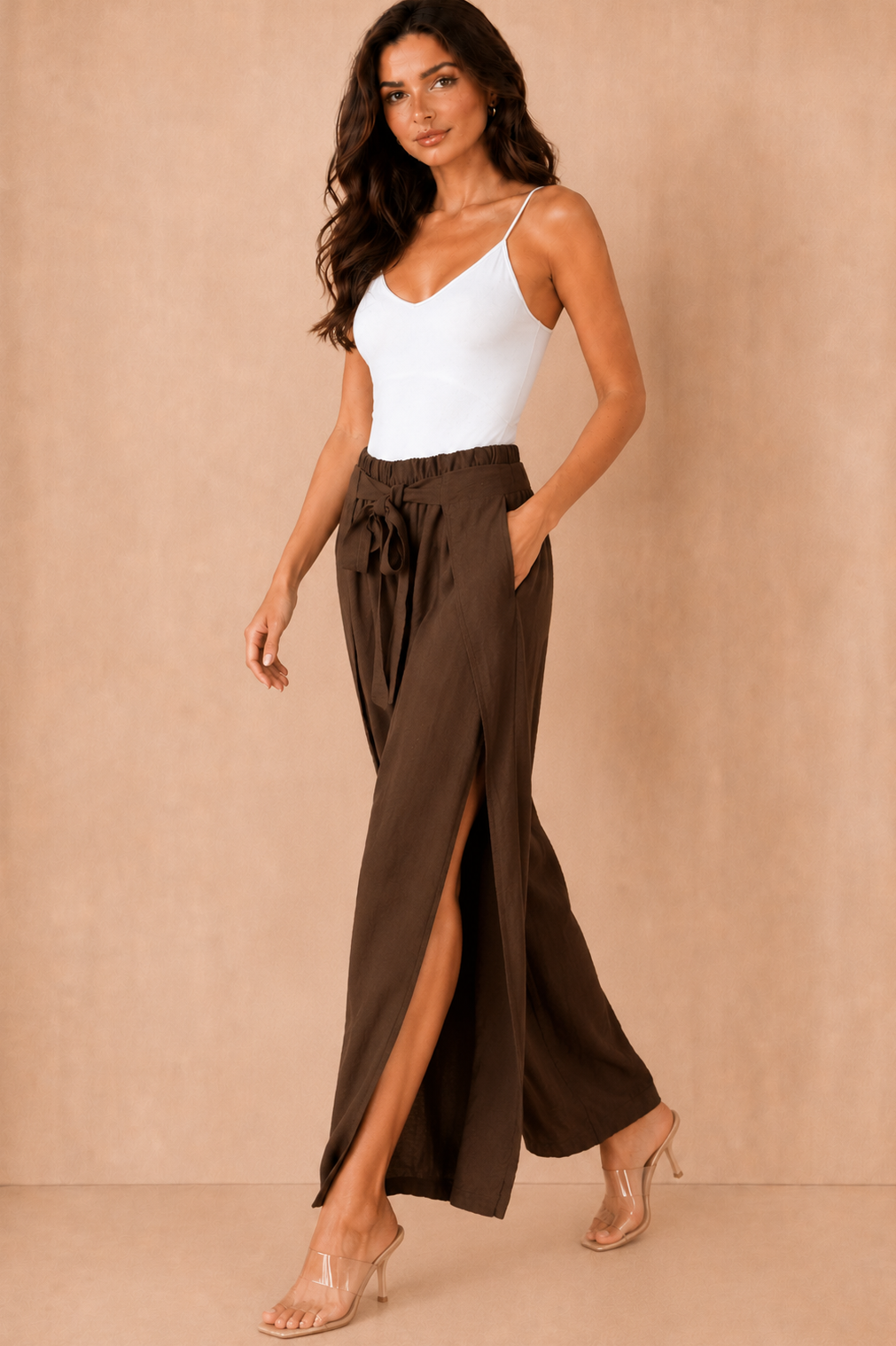 Paityn Chocolate Linen Split Leg Trousers