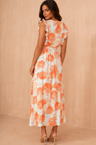 Paola Orange Linen Floral Frill Belted Midi Dress