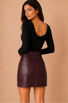 Paula Burgundy Faux Leather Belted Skirt