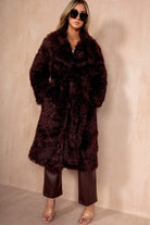 Paulette Burgundy Shaggy Faux Fur Belted Coat