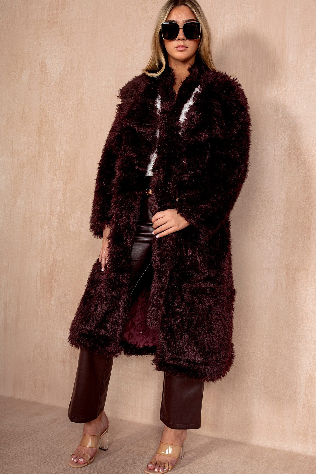 Paulette Burgundy Shaggy Faux Fur Belted Coat