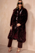 Paulette Burgundy Shaggy Faux Fur Belted Coat