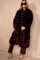 Paulette Burgundy Shaggy Faux Fur Belted Coat