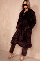 Paulette Burgundy Shaggy Faux Fur Belted Coat
