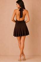 Pearl Chocolate Slinky Halter Neck Mini Dress