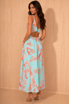 Peri Leaf Print Open Back Midi Dress