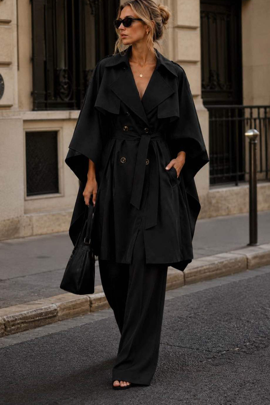 Phillina Black Batwing Belted Trench Coat