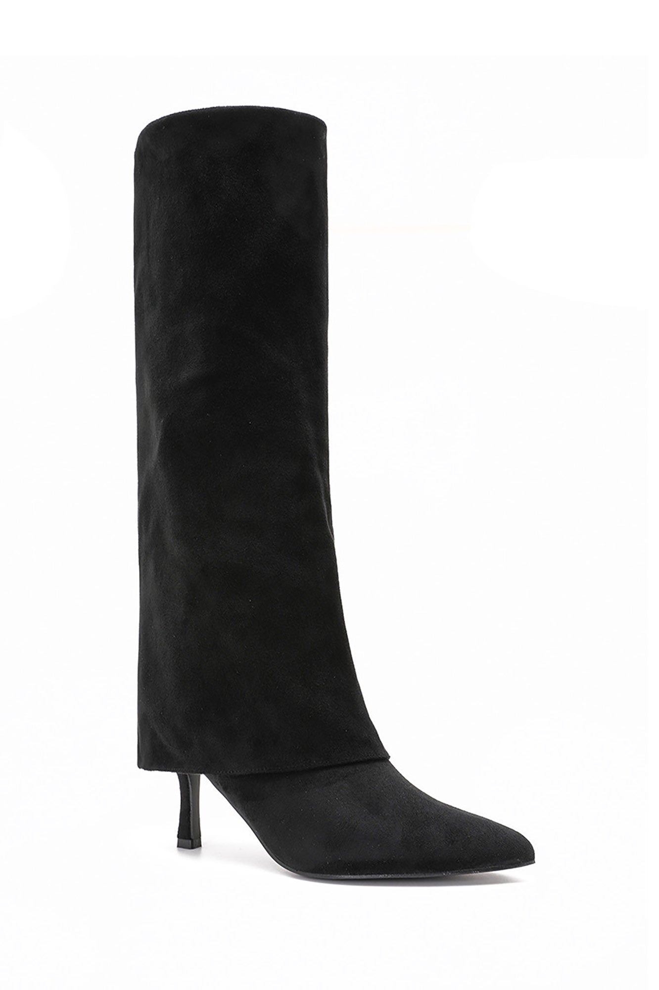 Phoebe Black Fold Over Suedette Knee High Boots